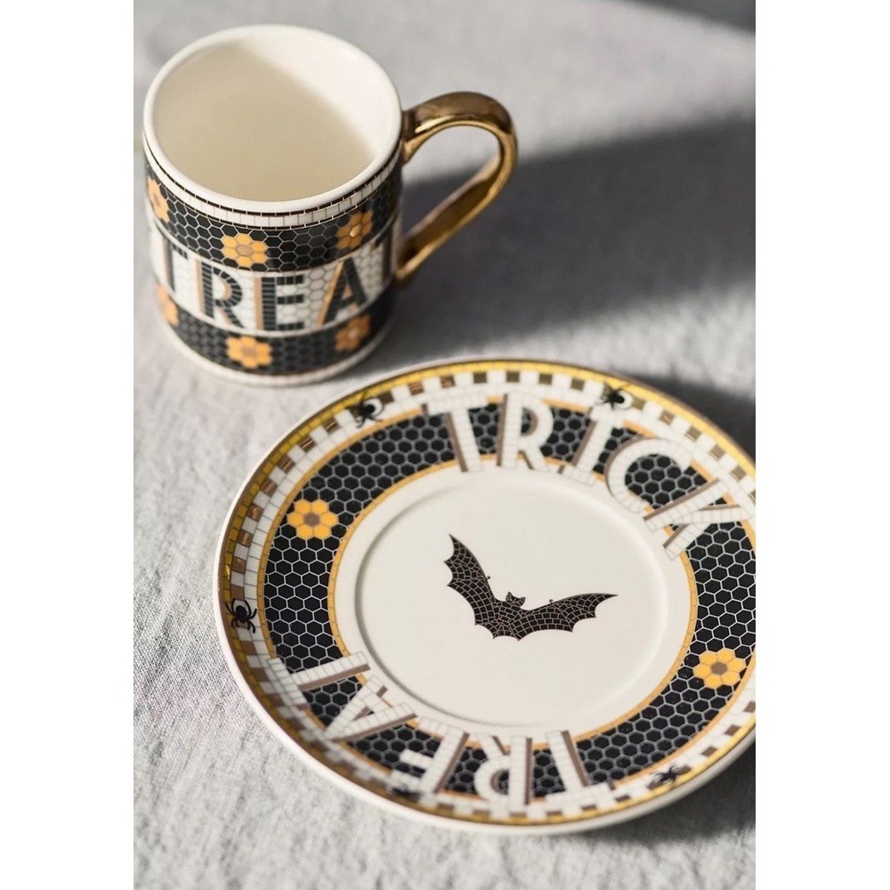 Anthropologie Bistro Tile Halloween Trick Treat Espresso Cup Saucer Set 5 oz New